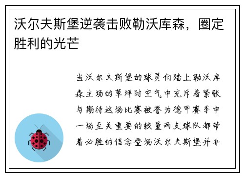 沃尔夫斯堡逆袭击败勒沃库森，圈定胜利的光芒
